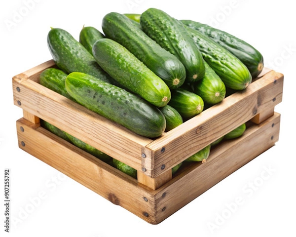 Fototapeta Rustic Wooden Box of Cucumbers, Wooden Box of Fresh Cucumbers on a Transparent Background.