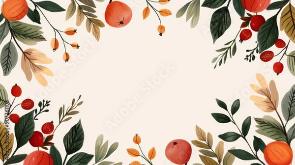 Fototapeta A vibrant botanical frame featuring colorful fruits and leaves, perfect for seasonal designs and invitations.