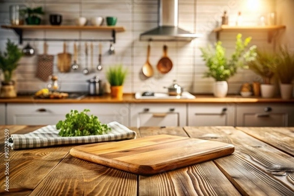 Fototapeta Warm and inviting wooden table surface features a rustic cutting board, perfect for styling and showcasing products, set against a softly blurred kitchen backdrop with natural light pouring in.
