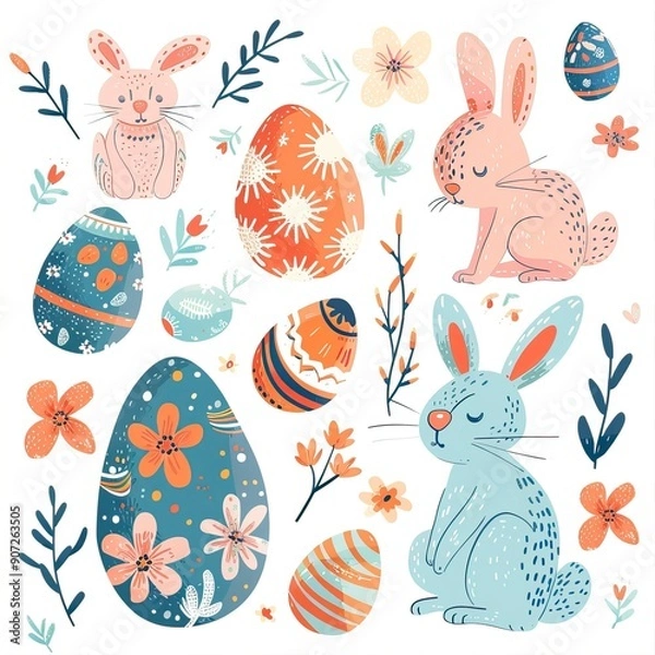 Fototapeta Colorful collection with easter rabbit and easter eggs.
