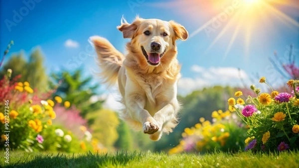 Fototapeta Golden retriever in joyful leap, tail wagging, fur shining in warm sunlight, surrounded by lush green lawn, vivid blooms, and clear blue sky backdrop.