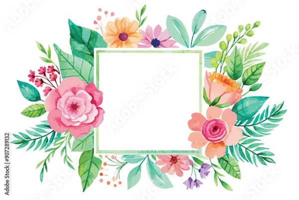 Fototapeta Watercolor Floral Frame with Pink and Yellow Flowers