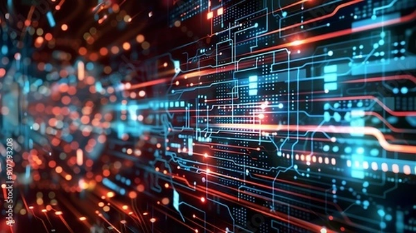 Fototapeta Abstract Digital Circuitry background with glowing lines and nodes, representing modern technology, data flow, and interconnected networks.