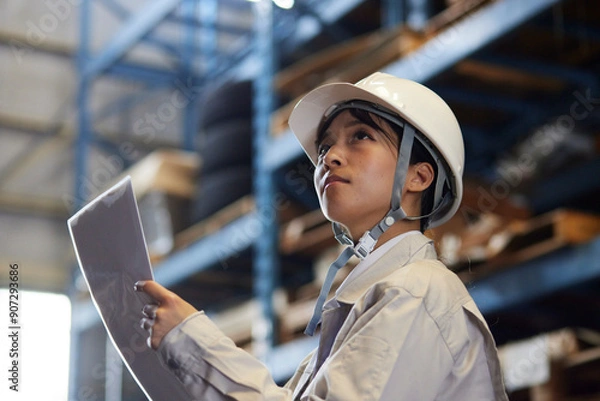 Fototapeta 工場内で点検を行う作業着を着た女性