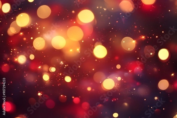 Fototapeta Festive Christmas background with red and gold lights