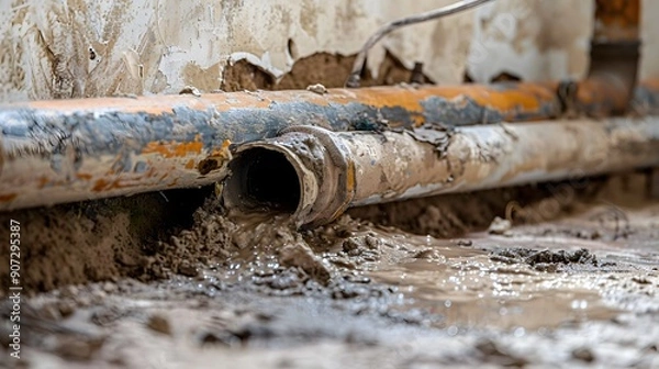 Fototapeta Close-up of a Leaking Water Pipe in a Basement Requiring Home Maintenance