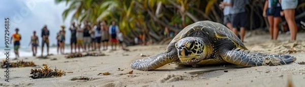 Fototapeta A turtle is laying on the beach, with a crowd of people watching