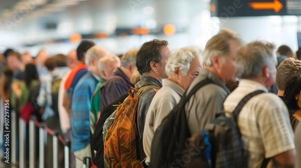 Fototapeta Travelers Lining Up at Airport Check-in Desks During Hectic Travel