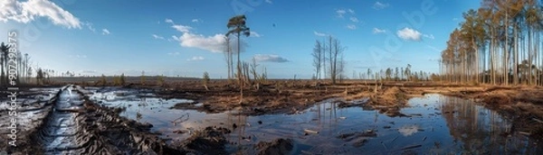 Fototapeta A wet, muddy field with a few trees in the background