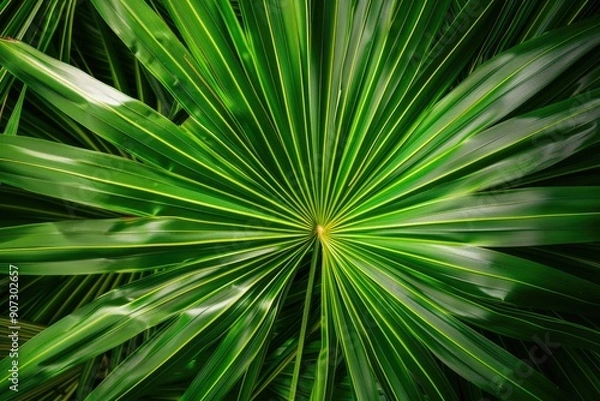 Obraz Close-up shot of a green palm leaf with intricate details