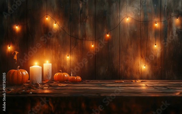 Fototapeta Halloween background with wooden table, candles and pumpkins on the dark wood wall with string lights