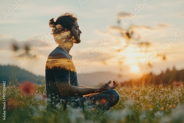 Obraz Zen Connection: Serene Man Meditating in Meadow for Stress Management, Double Exposure Nature Backdrop Close Up