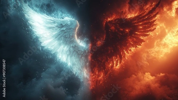 Fototapeta Dramatic Contrast of Angelic and Demonic Wings in Fiery and Icy Clouds - Surreal Fantasy Art Depicting the Eternal Battle Between Good and Evil