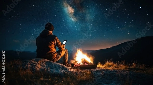 Fototapeta Man Sitting by a Campfire Under a Starry Sky