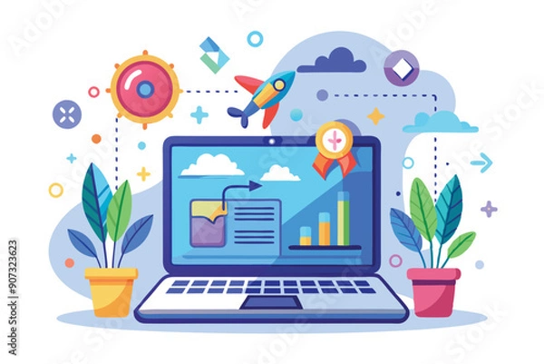 Fototapeta Laptop with Award, Rocket, Plants, and Abstract Elements