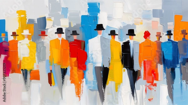 Fototapeta A vibrant abstract painting of people in hats, showcasing colorful figures walking against a modern background.