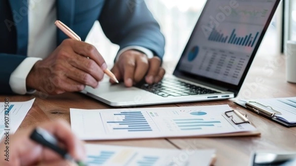Fototapeta Close-up of a person analyzing financial charts and graphs with a pen and a laptop, highlighting data analysis, financial planning, and business strategy..