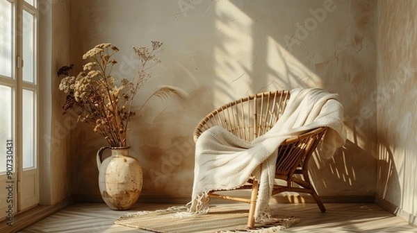 Fototapeta Cozy living room corner with a wicker chair draped in a soft blanket and dried flowers in a ceramic vase, basking in natural sunlight.