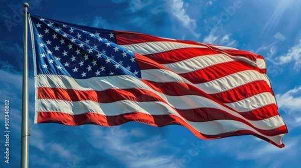 Fototapeta The American flag captured in a perfect, graceful wave, set against a brilliant blue sky, highlighting each star and stripe.