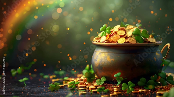 Fototapeta Pot of Gold & Shamrocks for St. Patrick's Day