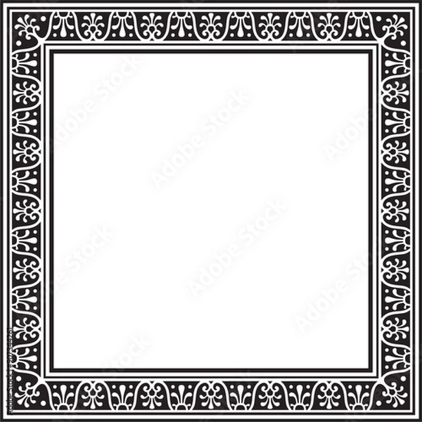 Fototapeta Vector square black monochrome border, frame, Pompeii. Rectangle Neopolitan ornament. Art of Ancient Rome. Template for stained glas