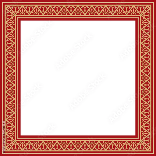 Fototapeta Vector square gold with red border, frame, Pompeii. Rectangle Neopolitan ornament. Art of Ancient Rome. Template for stained glas