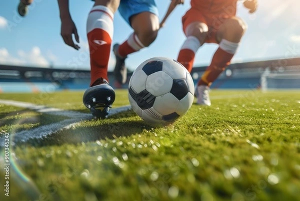 Fototapeta Dynamic soccer player maneuvering around an opponent with precise dribbling skills on the vibrant stadium turf. Perfect for sports-themed publications and designs.