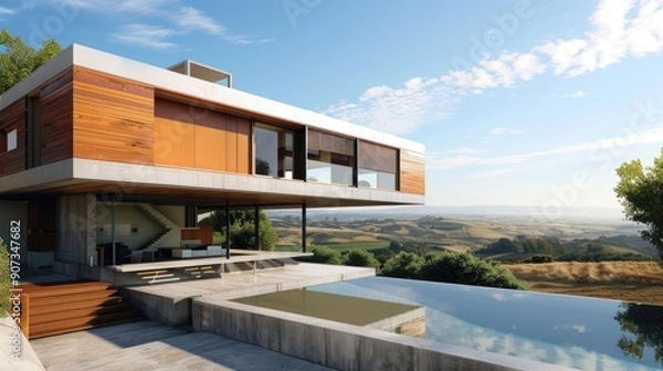Fototapeta A contemporary home with a cantilevered design, featuring a concrete base, wooden upper levels, and a sleek infinity pool overlooking a scenic valley.