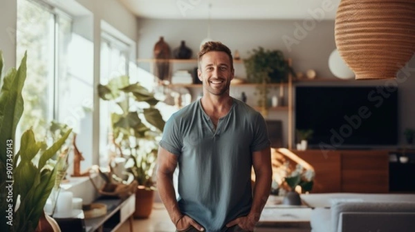 Fototapeta Cheerful Caucasian man with a beaming smile stands in a stylish living room,