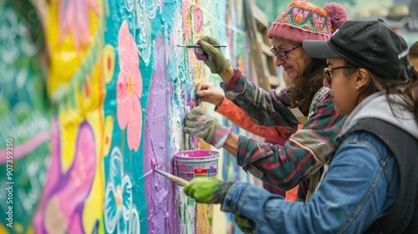 Fototapeta A group of artists working on a mural, painting together, colorful and creative
