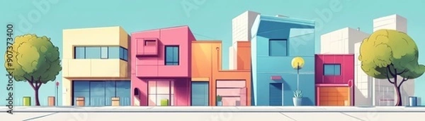 Fototapeta Natural cooling techniques with crossventilation, flat design, front view, sustainable architecture theme, cartoon drawing, Triadic Color Scheme