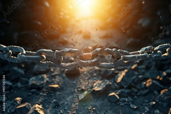 Fototapeta The credit crunch manifests as an explosion of broken chains around a oncethriving marketplace