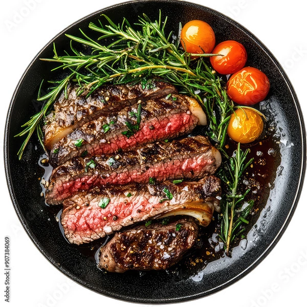 Obraz top view Beef meat cutting in a black plate, t bone, Wagyu Beef, rib eye, isolated on white transparent background