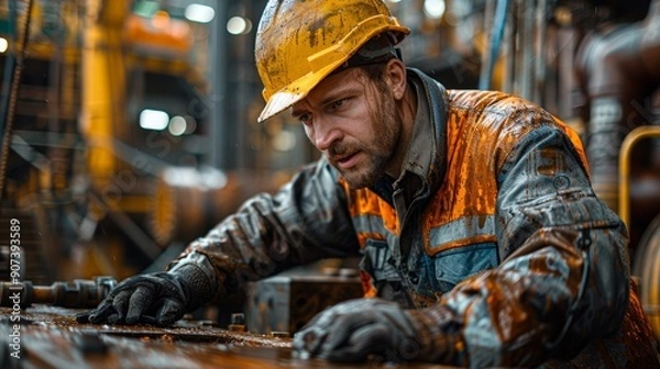 Fototapeta Worker In Protective Gear Inspecting Machinery With Oil Stains In Industrial Workshop During Daytime. Generative AI