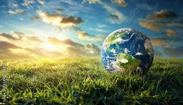 Obraz Earth Globe Resting in a Field of Green Grass Under a Sunny Sky