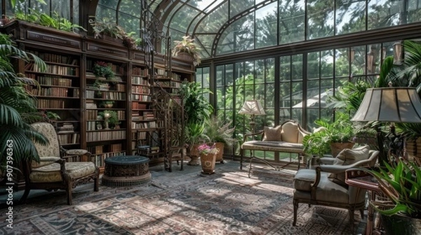 Fototapeta A home library with a serene, botanical conservatory design, featuring glass walls, tropical plants, and wrought-iron furniture.