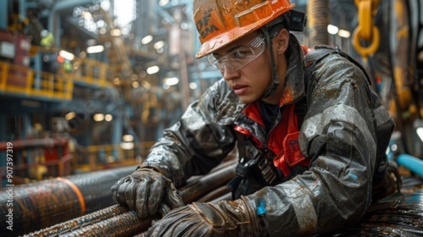 Fototapeta Young Worker in Protective Gear Engaged in Maintenance Tasks on Offshore Oil Rig During Overcast Weather. Generative AI