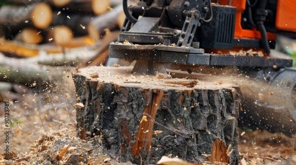 Fototapeta A powerful chainsaw cuts through a wooden stump, creating flying wood chips and sawdust in a forested environment.