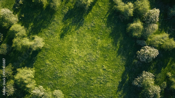 Obraz Top view bright green grass field and flower background
