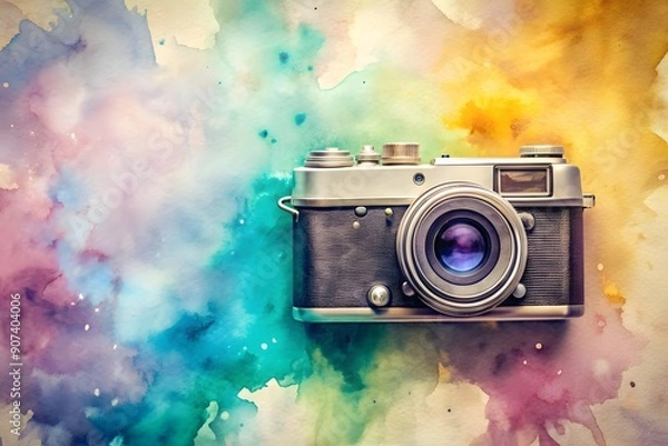 Fototapeta Watercolor Modern Camera Side Angle With Forest Trees, National Photography Day Concept
