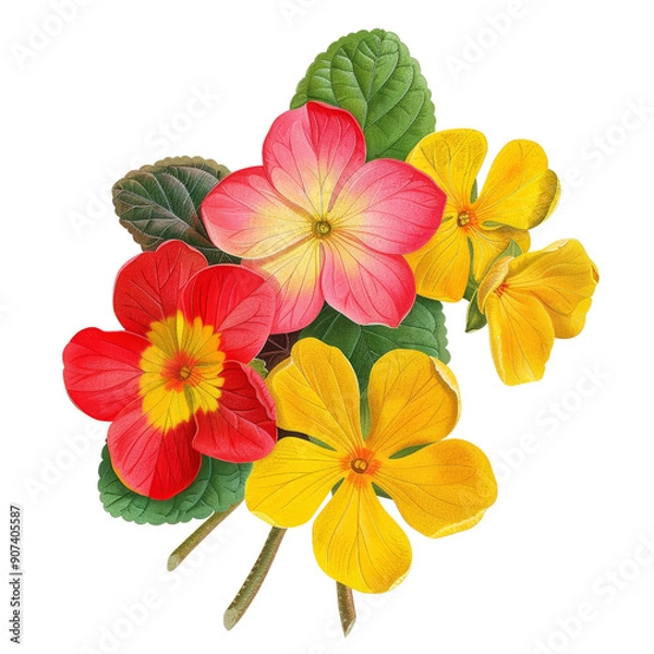 Obraz Beautiful Botanical Illustration of Vibrant Flowers with Lush Green Leaves - Perfect for Nature and Garden Enthusiasts