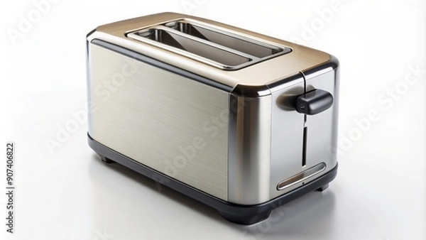 Fototapeta High-angle shot of sleek modern toaster isolated on pristine white background with subtle shadows and soft natural light.