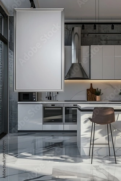 Fototapeta High-end kitchen with a white frame mockup, advanced appliances, and a sleek island.