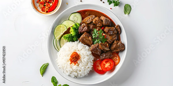 Fototapeta Flat lay of a plate of rendang, beautifully presented on a clean white background.