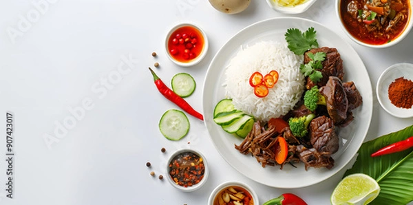 Fototapeta Flat lay of a plate of rendang, beautifully presented on a clean white background.