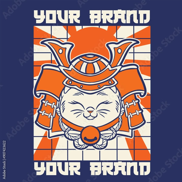 Obraz funny vector illustration of cat as a samurai , it can be use for shirt design or poster	