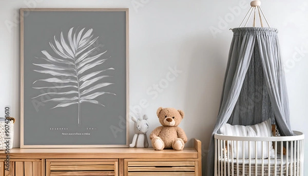 Fototapeta  Scandinavian Nursery with Wooden Cradle and Poster- Description- Bright and stylish Scandin_1(202)