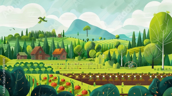 Fototapeta Regenerative agriculture: Illustration of sustainable farming practices, with methods like crop rotation, composting, and agroforestry promoting soil health and biodiversity. 