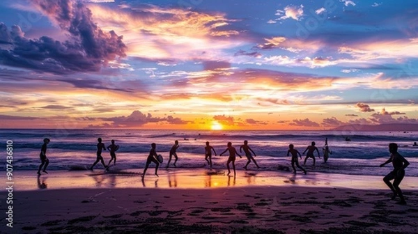 Fototapeta Sunset at a beach with a group of people playing beach rugby