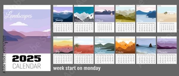Fototapeta Abstract nature calendar for 2025 with flat minimal landscapes. Vertical A4 calendar by months, week starts on Monday. Greed calendar with places for notes.12 isolated month and cover on gray back.